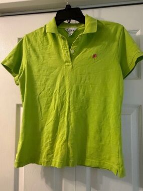 Lilly Pulitzer Lime Green Polo Shirt with Pink Palm Logo Size M